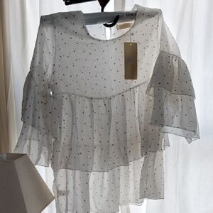 Sheer White Polka Dot Ruffle Blouse
